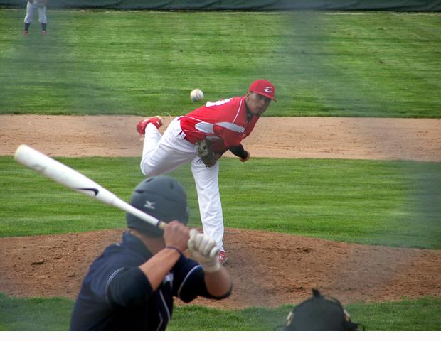 Jesse Castilleja delivers a pitch against Macomb. The freshman retired eight of the nine batters he faced over 2.2 innings, while striking out two. Photo courtesy of Owens Sports Information