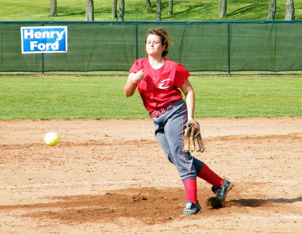 Kasey Graham, above, threw eight shutout innings today while picking up a win and a save. Just below, Katlyn Whitmarsh attempts to avoid a tag, while Lexi Sheets (far bottom) delivers a pitch in the second game. She picked up her 10th win this season. Photos by Nicholas Huenefeld/Owens Sports Information