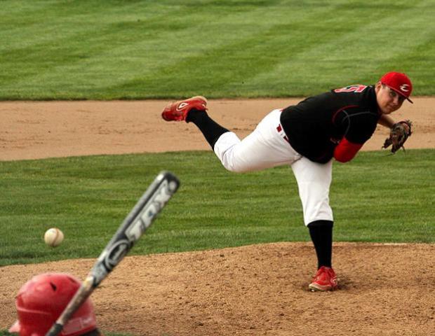 Alex Juday delivers a pitch against Sinclair. He struck out the only batter he faced. Photo courtesy of Cherie Guthrie/Owens Sports Information