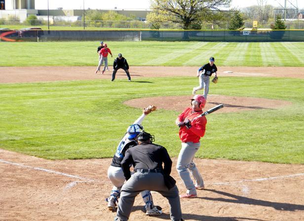 Ryan Hotmer watches a ball bounce off the glove of Mercyhurst North East's catcher's glove for a passed ball in the fifth inning of game one. Photo courtesy of Nicholas Huenefeld/Owens Sports Information