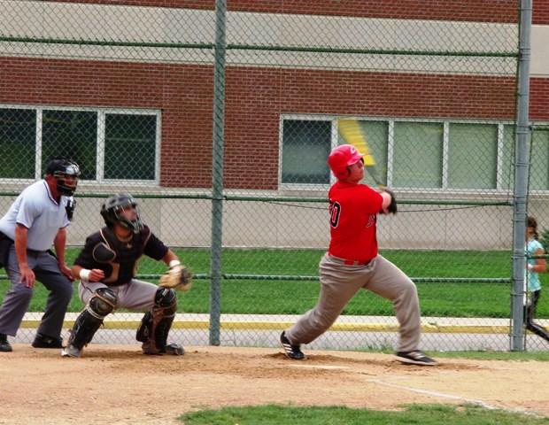 Sophomore first baseman Austin Cowan, pictured here, drove in five runs against Cuyahoga to help the Express baseball team advance to the championship round of the NJCAA Sub-Regional tournament. Photo by Rudy Yovich/Owens Sports Information