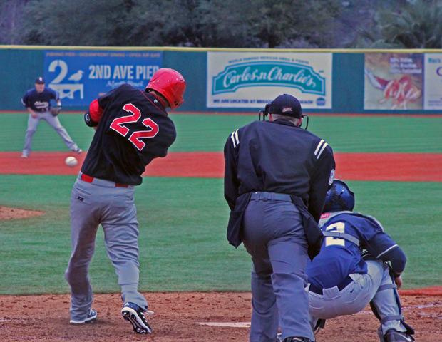 Ben Breymier connects on a pitch against Olney Central. The freshman picked up four hits over the past two games. Photo by Nicholas Huenefeld/Owens Sports Information