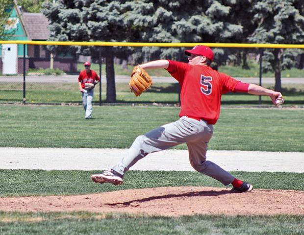 Dane Davis delivers a pitch in today's 6-4 Express win over Jackson. Photo by Rudy Yovich/Owens Sports Information