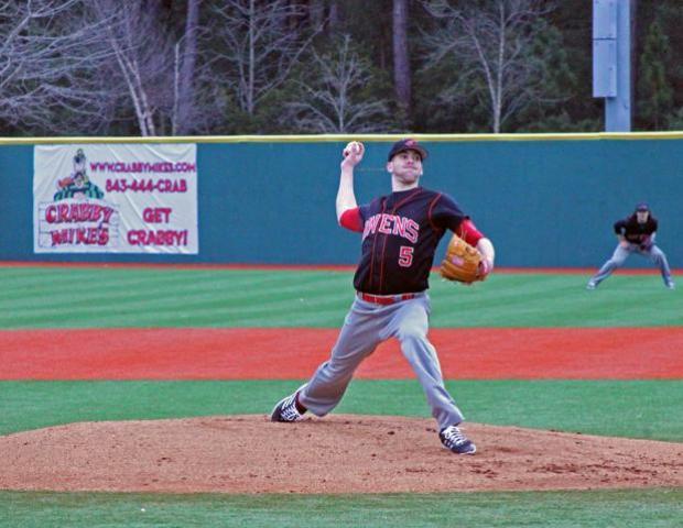 Above, Dane Davis delivers a pitch against Olney Central College in today's 5-2 loss. Below, Nate Manis scores the first Express run of the season. Photo by Nicholas Huenefeld/Owens Sports Information