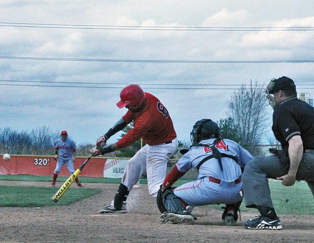 Nick Collins lines a pivotal opposite field single in the fifth inning. The sophomore infielder had six hits in today's doubleheader and was only retired once, while also walking twice. Photo by Amanda Flowers/Owens Sports Information