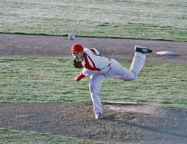 Nick Morrow delivers a pitch in today's second game. The frosh picked up a complete game, two-hit victory. Photo by Nicholas Huenefeld/Owens Sports Information