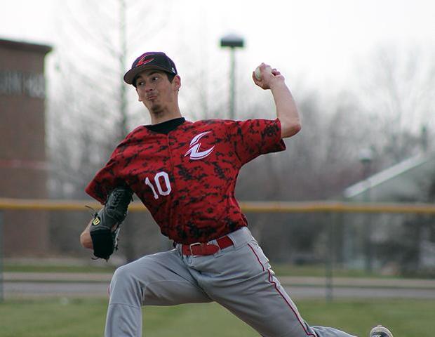 Kyle Bennett delivers a pitch in today's second game. He had a no-hitter through five, but faltered in the sixth. Photo by Geoff Roberts/Owens Sports Information