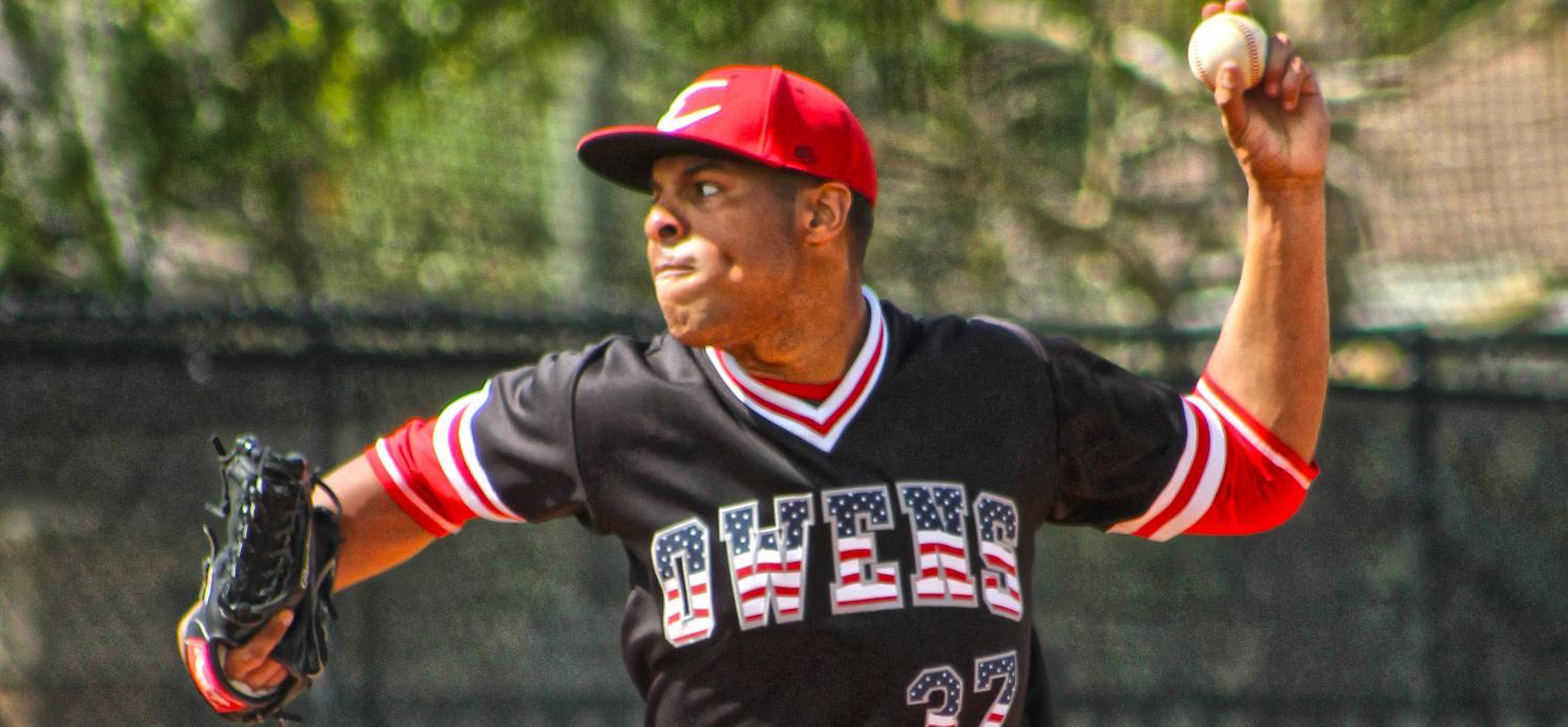 Ardry Mercado, pictured here, picked up his first collegiate save to help Owens snap a seven game losing streak today. Photo by Nicholas Huenefeld/Owens Sports Information