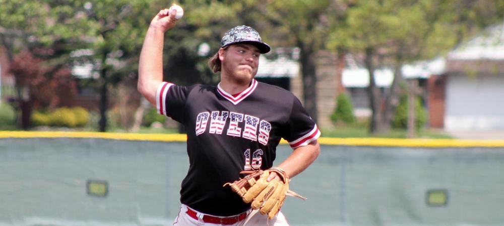 Joe Szymanski delivers a pitch in today's loss to Vincennes. Photo by Nicholas Huenefeld/Owens Sports Information