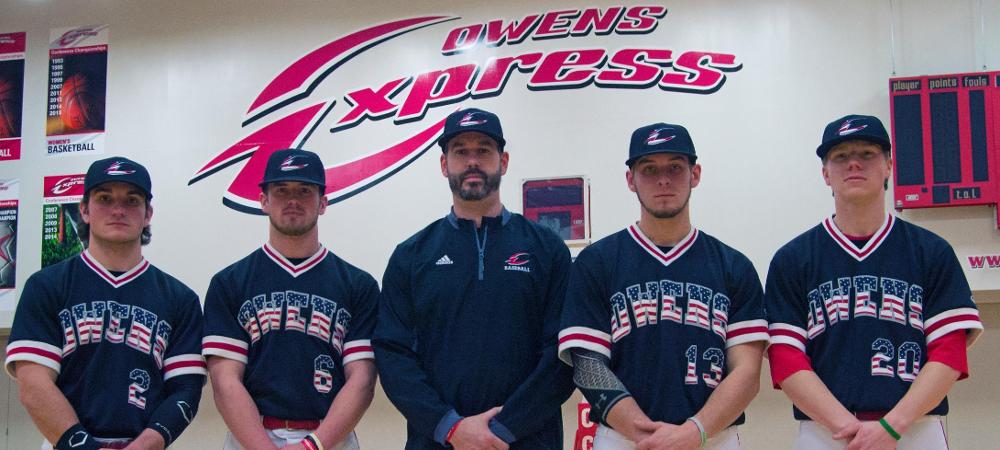 Head coach John Parisho with Stephen Parker, Casey Gose, Jake Wichlacz and Jake Schmeltz (L to R). Photo by Amanda Aylwin/Owens Sports Information