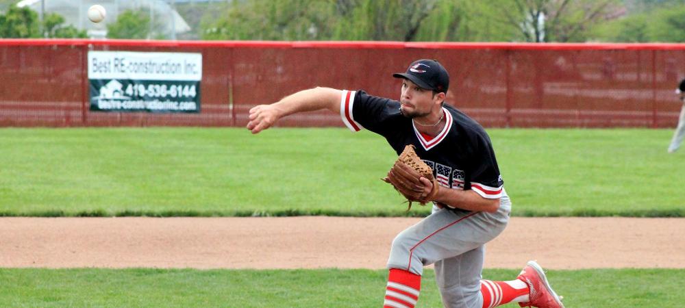 Noah Pierce delivers a pitch during today's second game. Photo by Nicholas Huenefeld/Owens Sports Information