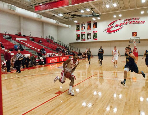 Jerron Jamerson, a sophomore from South Bend, IN, has signed to continue his athletic and academic career at Goshen College in Indiana. He is pictured here getting ready to dunk the ball in a game during his sophomore year against Edison Community College. Photo courtesy of Seth Foley/Owens Sports Information