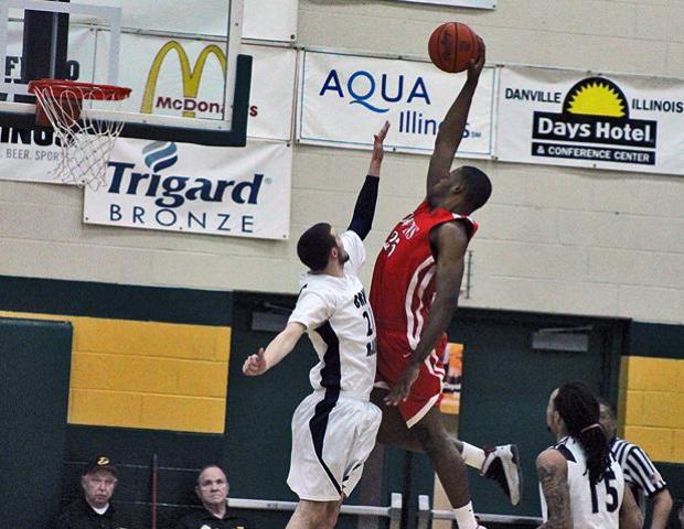 James Kelly, pictured here rising for a dunk attempt against Brown Mackie Community College in the NJCAA D-II National Tournament, produced 17 points, 10 rebounds, four steals, two blocks and one assist in the 2013 NJCAA Coaches Association All-Star Game in Las Vegas, NV on May 11. Photo by Nicholas Huenefeld/Owens Sports Information