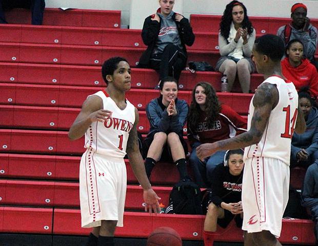Shaakir Lindsey (left) celebrates with Edmond Early Jr. as the final seconds ticked down in today's 87-69 Express win over Lake Michigan. Lindsey finished with a team-high 13 points. Photo by Nicholas Huenefeld/Owens Sports Information