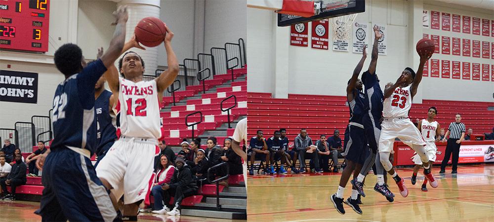 Ty'Rese Searles and Dae'Shawn Jackson (L to R) are pictured attacking the basket in today's win over Columbus State. Photos by Amanda Aylwin/Owens Sports Information