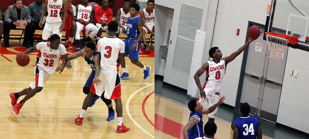 Derrik Jamerson Jr. (left) and Xavier Cochran (right) helped Owens defeat Wayne County 71-61 today. Photos by Nicholas Huenefeld/Owens Sports Information