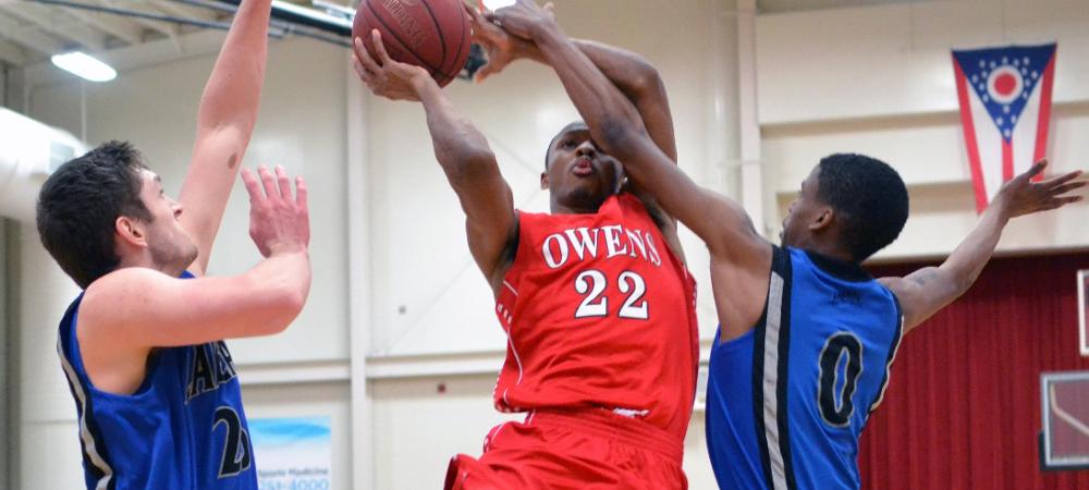 Tariq Scott is fouled during a layup attempt in the first half of last night's 2 OT loss to Lakeland. Photo by Amanda Aylwin/Owens Sports Information