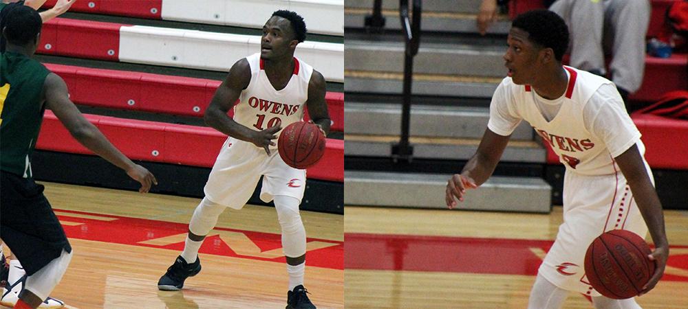 La'Tre Lane and Roy Hatchett Jr. (L to R) helped Owens score 111 points in a home win tonight. Photo by Nicholas Huenefeld/Owens Sports Information