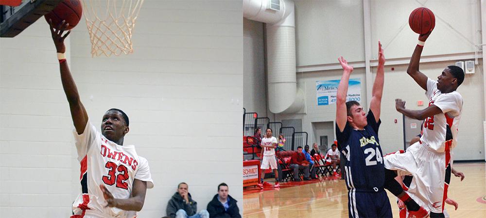 Derrik Jamerson Jr. is pictured attempting a pair of shots in tonight's win. Photos by Kyle Brown and Amanda Aylwin/Owens Sports Information
