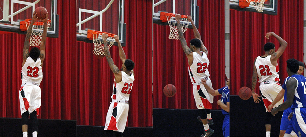 Derek Reece throws down a dunk in the second half of tonight's win over Kellogg. Photos by Nicholas Huenefeld/Owens Sports Information
