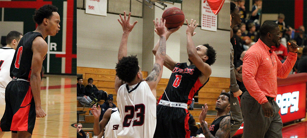 Ty'Rese Searles attempts his game-winning shot in the middle photo and celebrates the make on the left. Head coach Dennis Springs celebrates the win on the right. Photos by Nicholas Huenefeld/Owens Sports Information