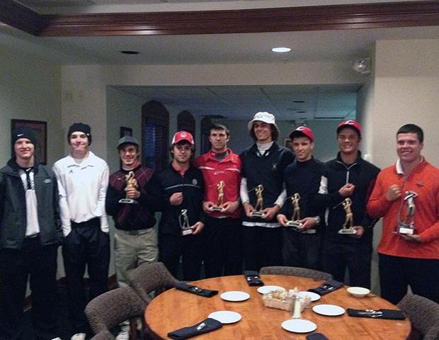 The No. 1 Express men's golf team poses with their hardware after capturing their fifth straight tournament championship today. Photo by Josh Williams/Owens Sports Information