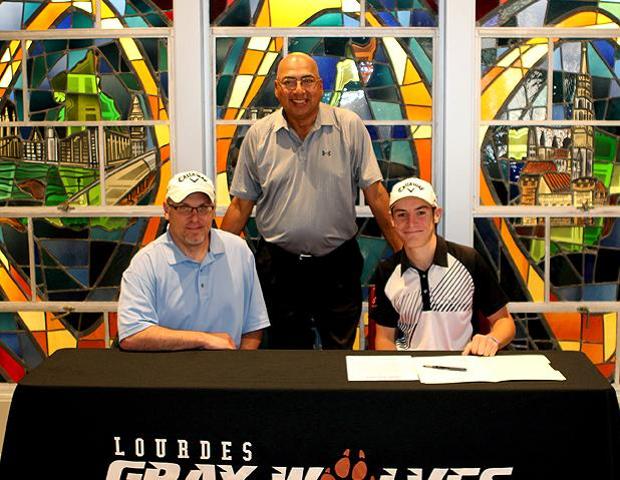 Riley Robinson (front right) signed with the Lourdes University men's golf team today. Photo courtesy of Ryan Wronkowicz/Lourdes University