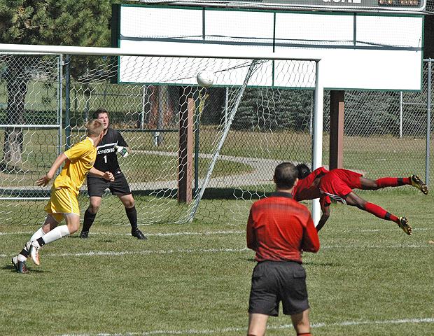 Juavanie Cole heads in his third goal of the game in the 52nd minute. The Express defeated Muskegon 6-1 on the road to take a solid grip on second place in the Region XII standings. Photo by Nicholas Huenefeld/Owens Sports Information