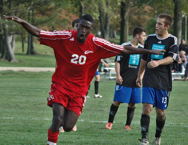 Nickyle Webber celebrates his first goal of the game, which gave the Express a 4-2 lead late in the first half. Webber added two more goals as the Express won 9-2. It was their largest win ever against Cuyahoga. Photo by Nicholas Huenefeld/Owens Sports Information