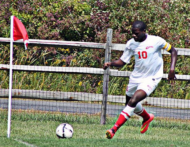 Bjion Campbell is pictured here taking a corner kick. He had one goal and one assist in today's 3-1 win over Jackson College. Photo by Nicholas Huenefeld/Owens Sports Information