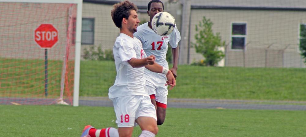 Matt Almester (with ball) produced the first hat trick in Owens postseason history today. Photo by Nicholas Huenefeld/Owens Sports Information