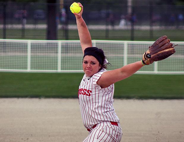 Katie Turski delivered three wins in the circle for the Express today. She allowed only two runs over 19 innings. Photo by Rudy Yovich/Owens Sports Information