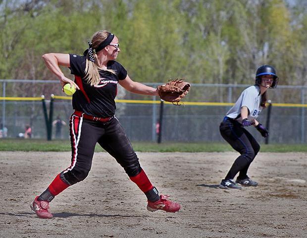 Brittany George prepares to deliver a ball to first base in the Region XII tournament. Photo by Nicholas Huenefeld/Owens Sports Information