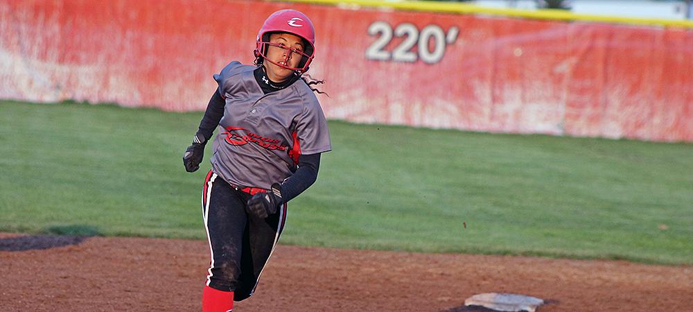 Jacey Gray, pictured here sprinting from second to third, scored four runs in today's win. Photo by Nicholas Huenefeld/Owens Sports Information