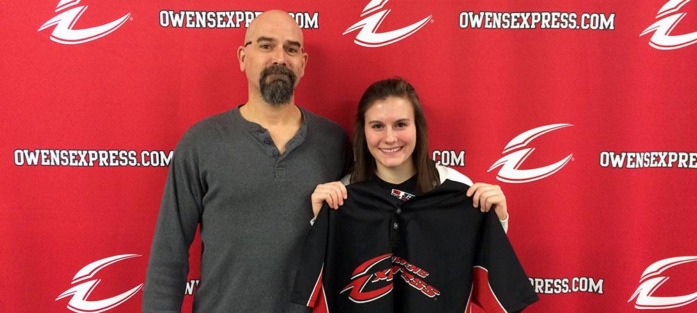 Megan Ewing is pictured with her dad on signing day. Photo by Owens Sports Information