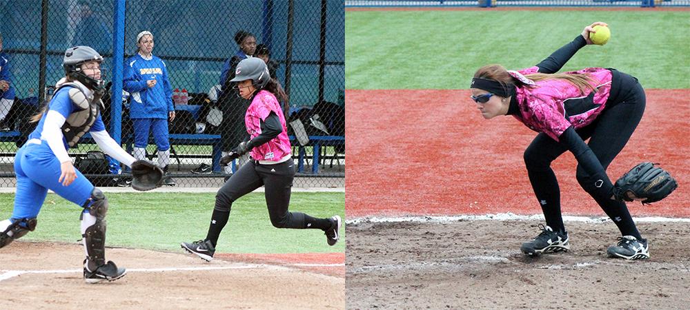 Jacey Gray (left) scores a run. Miranda Benschoter (right) prepares to deliver a pitch. Photos by Nicholas Huenefeld/Owens Sports Information