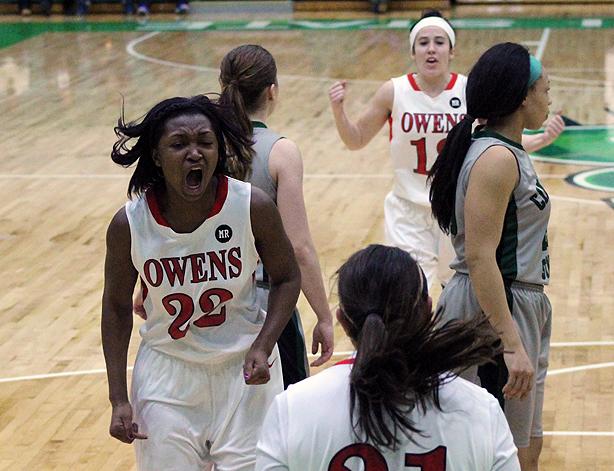 Karahn Scott screams in excitement after Mackenzie Heacock (nearest) hit a driving lay-up. She was fouled on the play, and helped the Express go up 59-57 after being down 53-44. Photo by Nicholas Huenefeld/Owens Sports Information