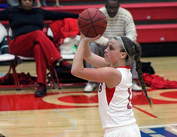 Paige Wright attempts a free throw in the first half of today's 87-51 Express win over Cuyahoga. The sophomore had a team-high 15 points. Photo by Rudy Yovich/Owens Sports Information