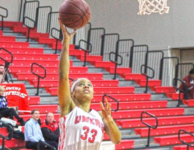 Ashley Tunstall goes up for a layup in today's 85-48 win over Lorain County. Photo by Tobias Flemming/Owens Sports Information