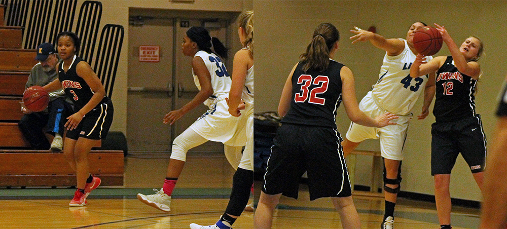 Essence Cowan (L) and Haili Mossing (R) are pictured here during tonight's win over Lakeland. Photos by Nicholas Huenefeld/Owens Sports Information