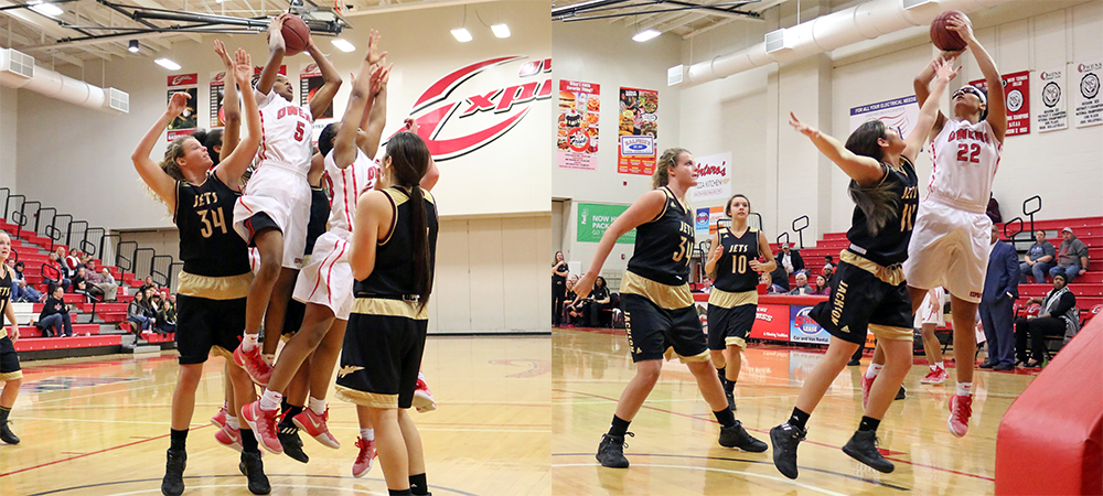 Courizma Williams (left) skies for a rebound, while Jeryn Reese (right) attempts a jumper in tonight's 30-point win over Jackson. Photos by David Bliss/Owens Sports Information