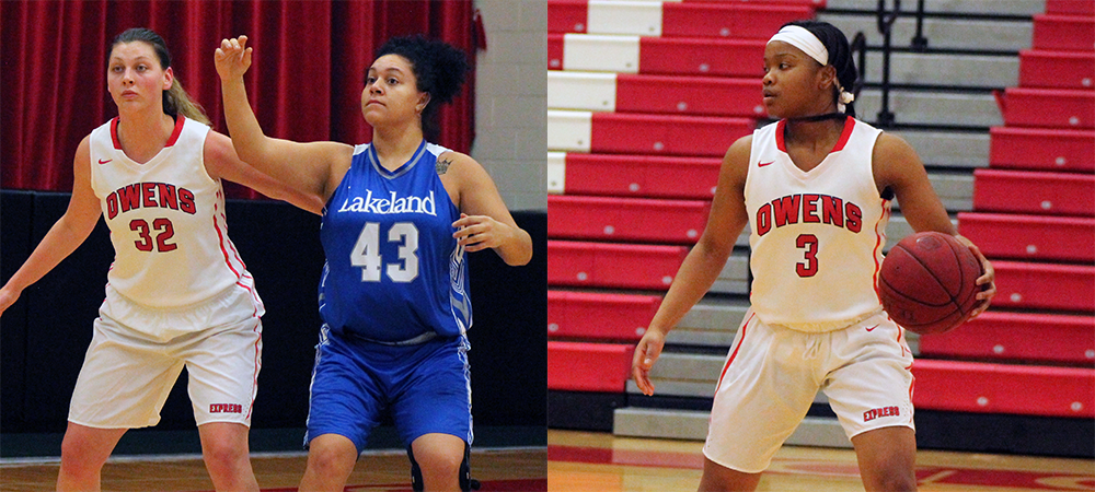 Essence Cowan (right) and Olivia Frost (left) helped lead No. 2 Owens to a 102-31 win over Lakeland tonight. Photos by Nicholas Huenefeld/Owens Sports Information
