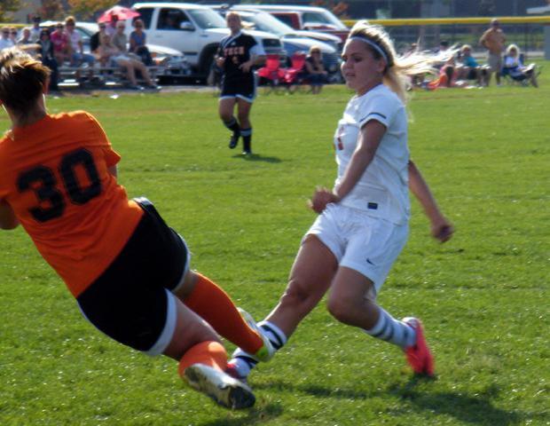 Kendra Eitniear puts the Express on the board in the first half against Indiana Tech's JV team. Photo by Nicholas Huenefeld