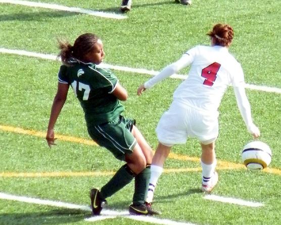 Marissa Szabo looks to score against Cincinnati State. She scored two goals in the regular season finale and now has 25 this year. Photo by Nicholas Huenefeld