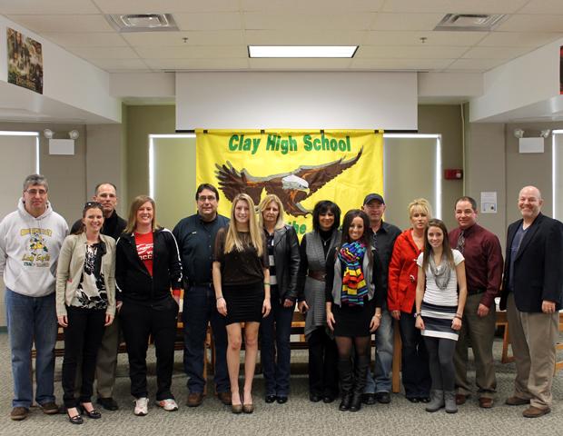 Megan Soncrant (black dress), Kendyl Christian (colorful scarf) and Abby Groll (white top) became the first members of the 2013-14 Express women's soccer freshmen class today. All are Clay High School products. Photo by Nicholas Huenefeld/Owens Sports Information