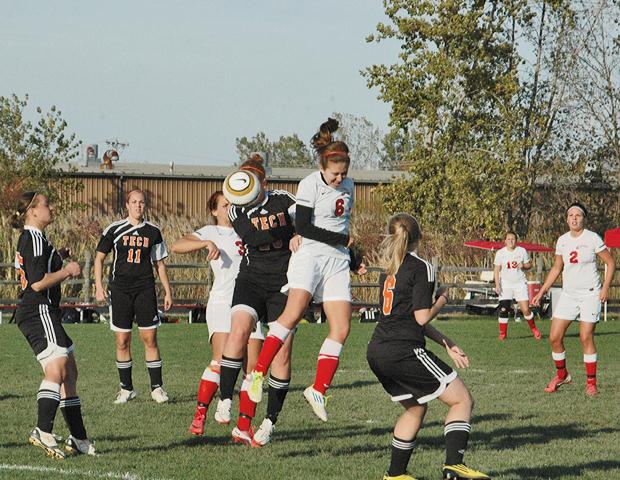 Haley Kreger heads a ball towards the net against Indiana Tech JV on Oct. 9. She would later score her second goal of the year as the Express won 3-0. Photo by Nicholas Huenefeld/Owens Sports Information
