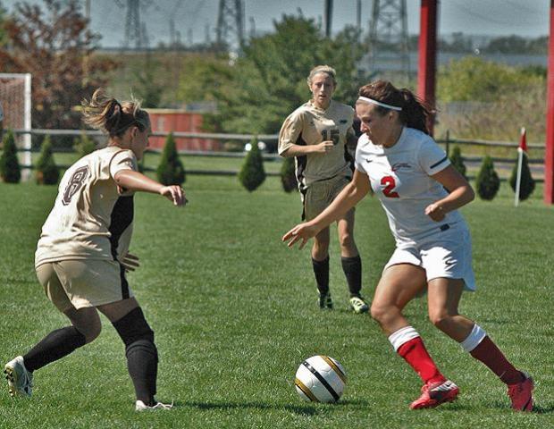 Sarah Weaver looks to make a move against a Jackson defender. The sophomore scored one of four goals for the Express today in a 4-0 win over the Jets. Photo by Nicholas Huenefeld/Owens Sports Information
