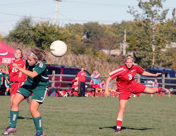 Jill Burkholder, pictured here against Delta as a sophomore, has signed with the University of Saint Francis. Photo by Nicholas Huenefeld/Owens Sports Information