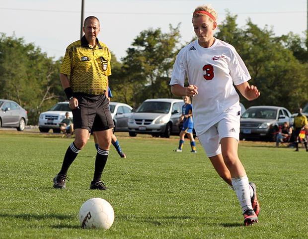 Jill Burkholder scored the game winning goal in a 2-1, come from behind win against Muskegon today. Photo by Nicholas Huenefeld/Owens Sports Information