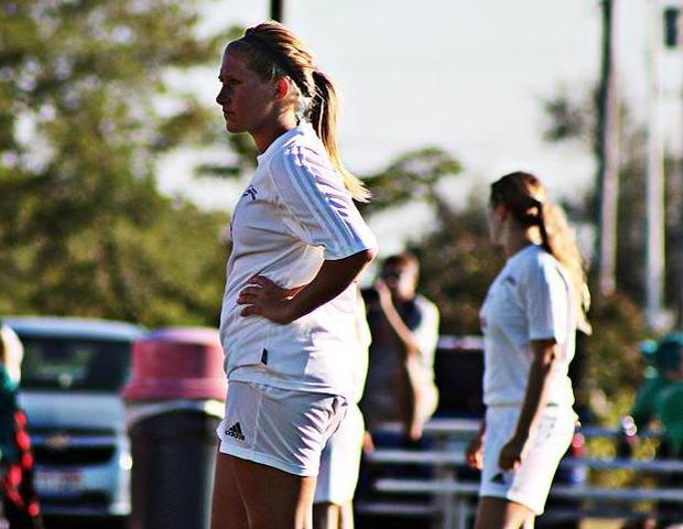Shelby Antonacci, at front, had two shots on goal in today's 2-0 loss to Schoolcraft College. Photo by Nicholas Huenefeld/Owens Sports Information